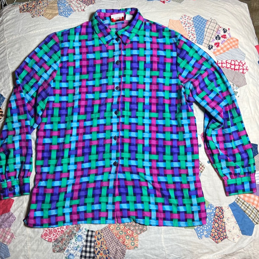Alia Vintage Geometric Basketweave Blouse Teal Purple Magenta Size 14